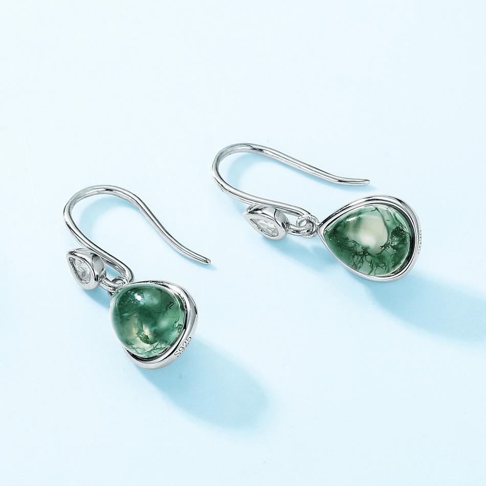 925 Sterling Silver Pear Drop Natural Moss Agate pierced earrings Anniversary Elegant