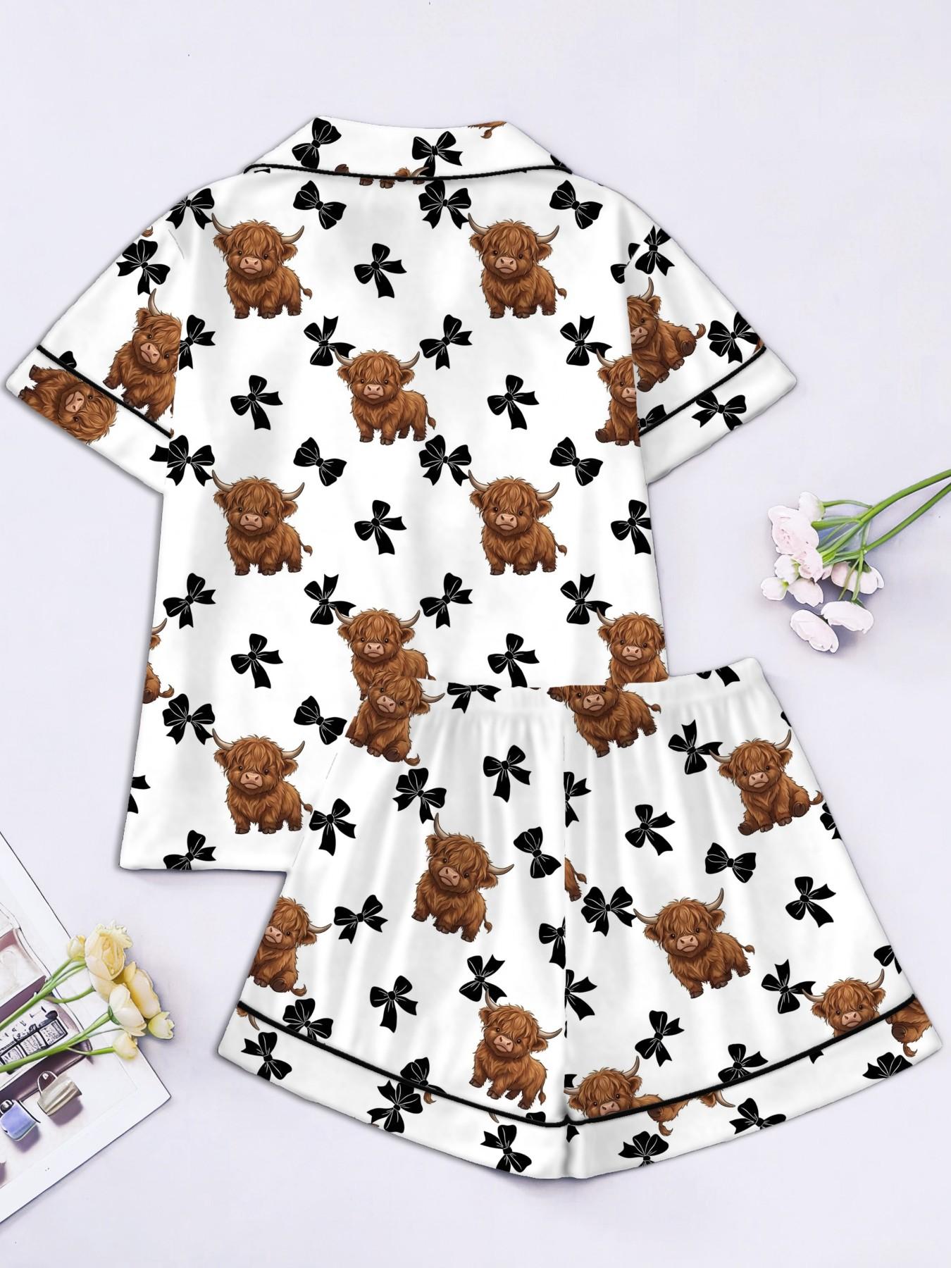 4-Piece Women's Pajamas & Loungewear Sets, Pjs Highland Cow Bow Knot Print Pink Stripe White Summer Short Sleeve Button Down Collar Chest Pocket Elastic Waist Shorts Contrast Trim Soft Breathable Relaxed Fit Sleepwear for Home