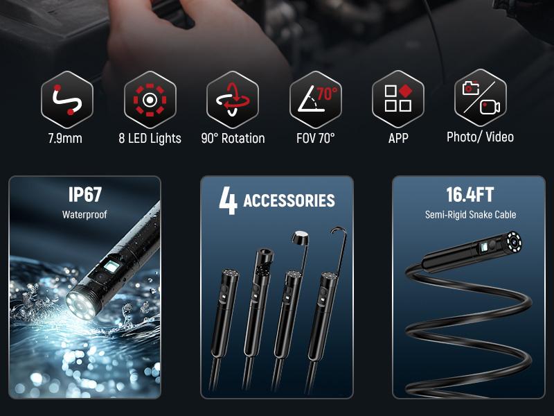 Dual Camera Borescope with HD Screen, IP67 Waterproof Inspection Camera for Auto, Pipe & Home Repair