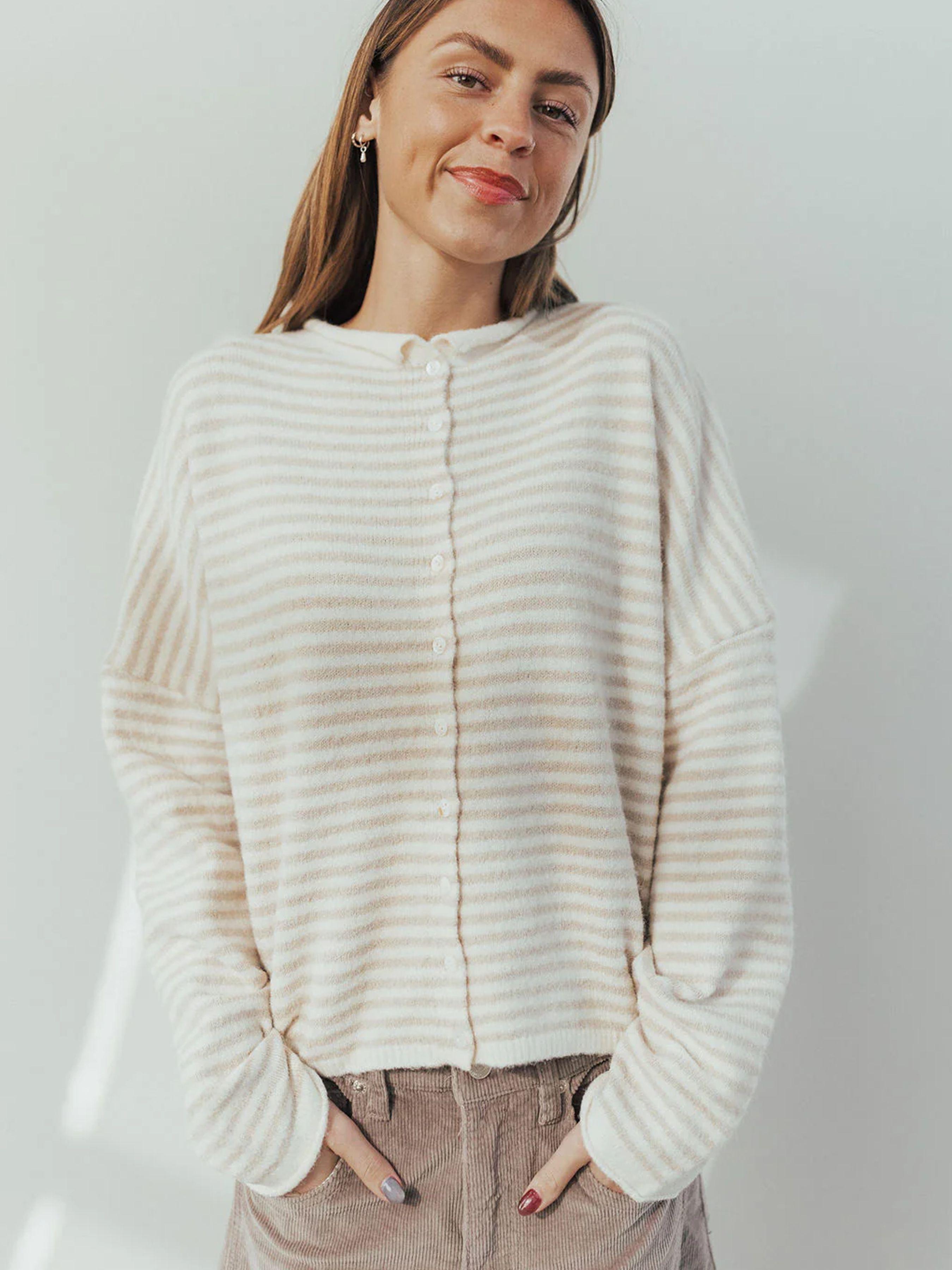 Women's Striped Casual Trendy Long Sleeve Loose Knit Sweater, Lady Tops, Womenswear, Lightweight Fall & Winter Fashion, Button Front Open Front Design