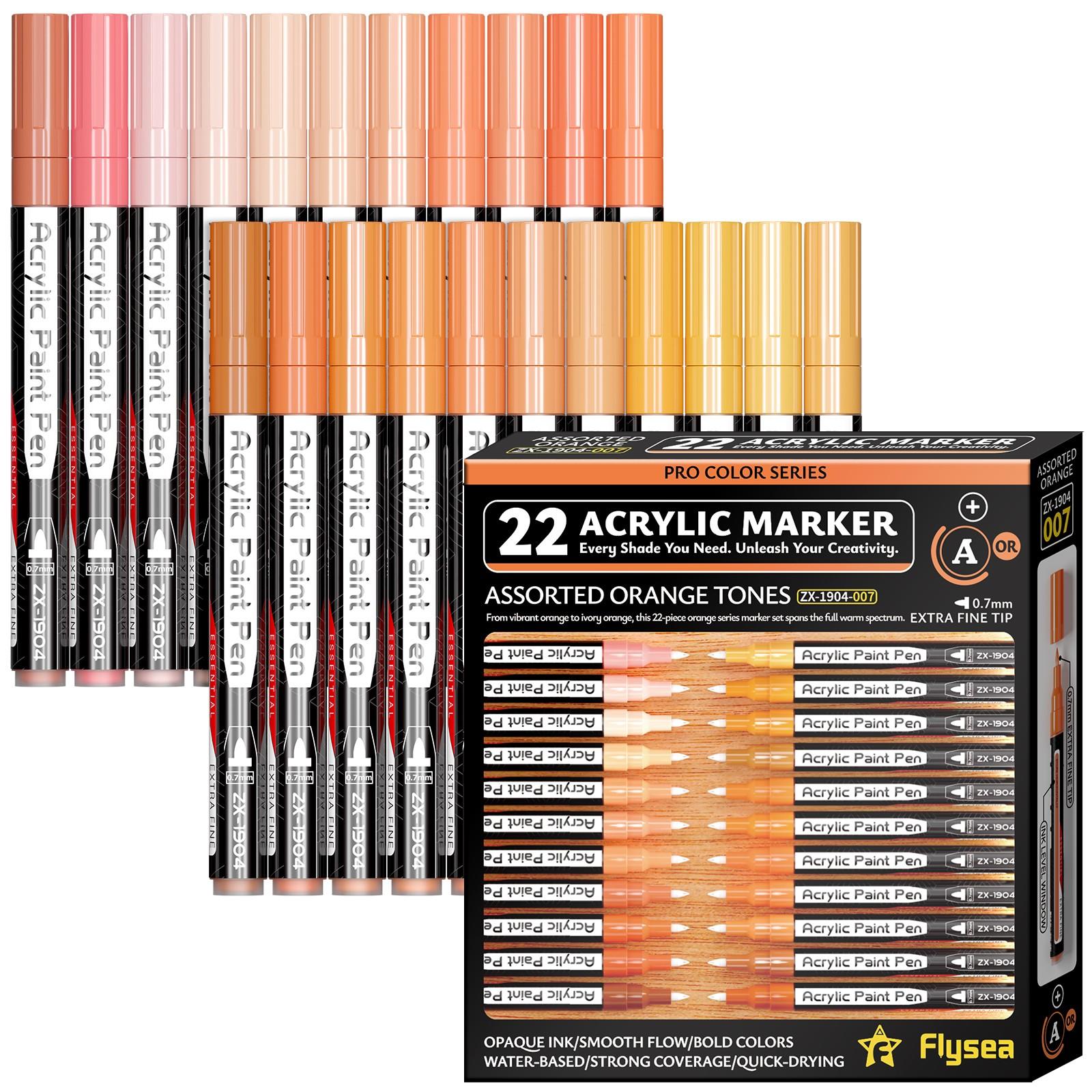 Flysea Acrylic Paint Markers, Multipurpose Marker Pen, 22-Piece Set, Fine Tip 0.7mm, Quick-Drying, Non-Blotchy, Ideal for Stone, Wood, Metal, Glass, Canvas, DIY Crafts
