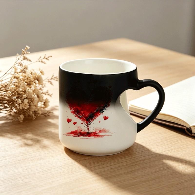 Heart-Shaped Color-Changing Mug - Thermosensitive Ceramic Mug, Changes color when hot drinks are poured in, White body decorated with red heart patterns, Fun gift mug, decorative mug, Novelty coffee mugs, Suitable for tea, cocoa
