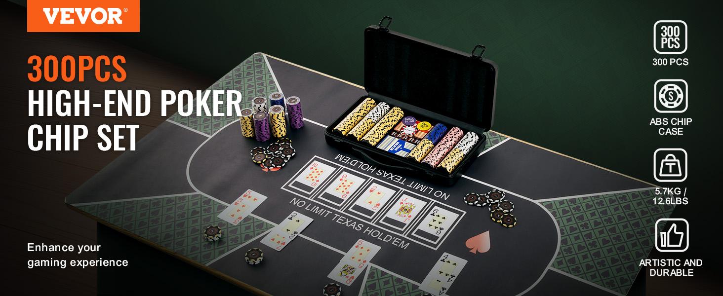 VEVOR Poker Chip Set, 300-Piece Poker Set, Complete Poker Playing Game Set with Carrying Case, Heavyweight 14 Gram Casino Clay Chips, Cards, Buttons and Dices, for Texas Hold'em, Blackjack, Gambling