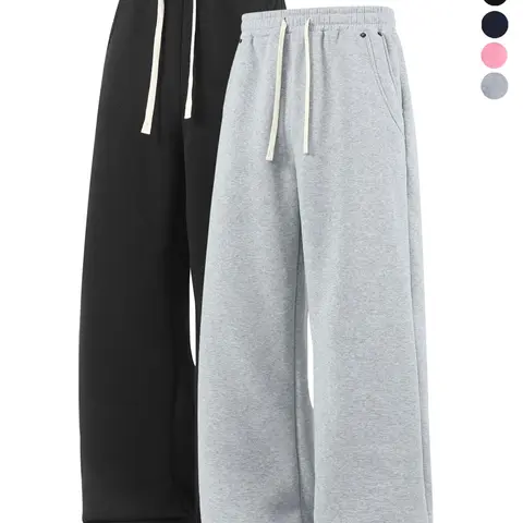 Men's Casual Solid Color Fleece-Lined Sweatpants, Street Style Loose-Fit Drawstring Waist Trousers for Fall and Winter, Side Pockets with Rivets Detail, Comfy Pants