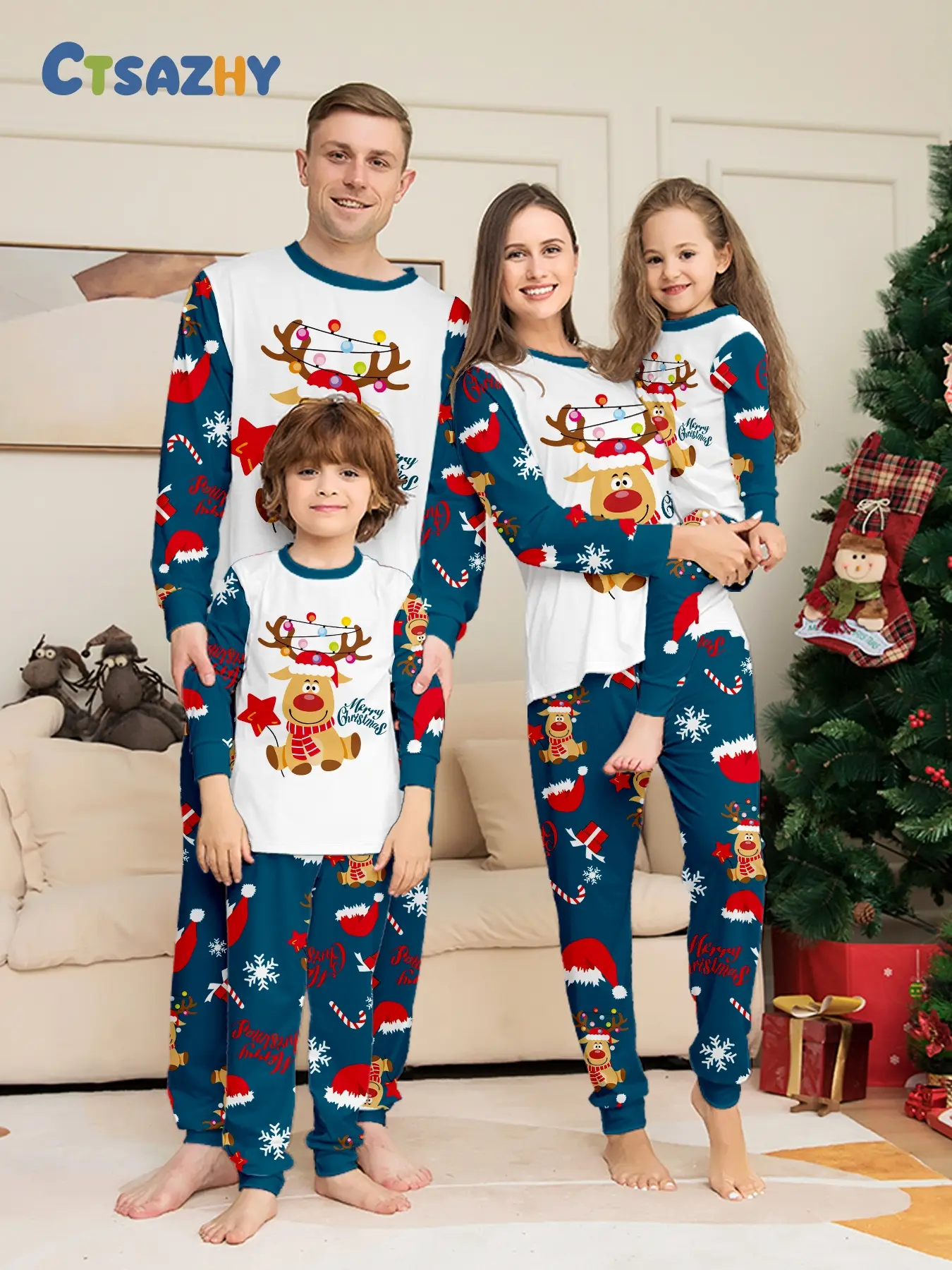Family Christmas Pajama Set, Cute Reindeer Print, Soft Breathable Knit Fabric, Holiday Party Wear, Daily Home Sleepwear, Gift Idea