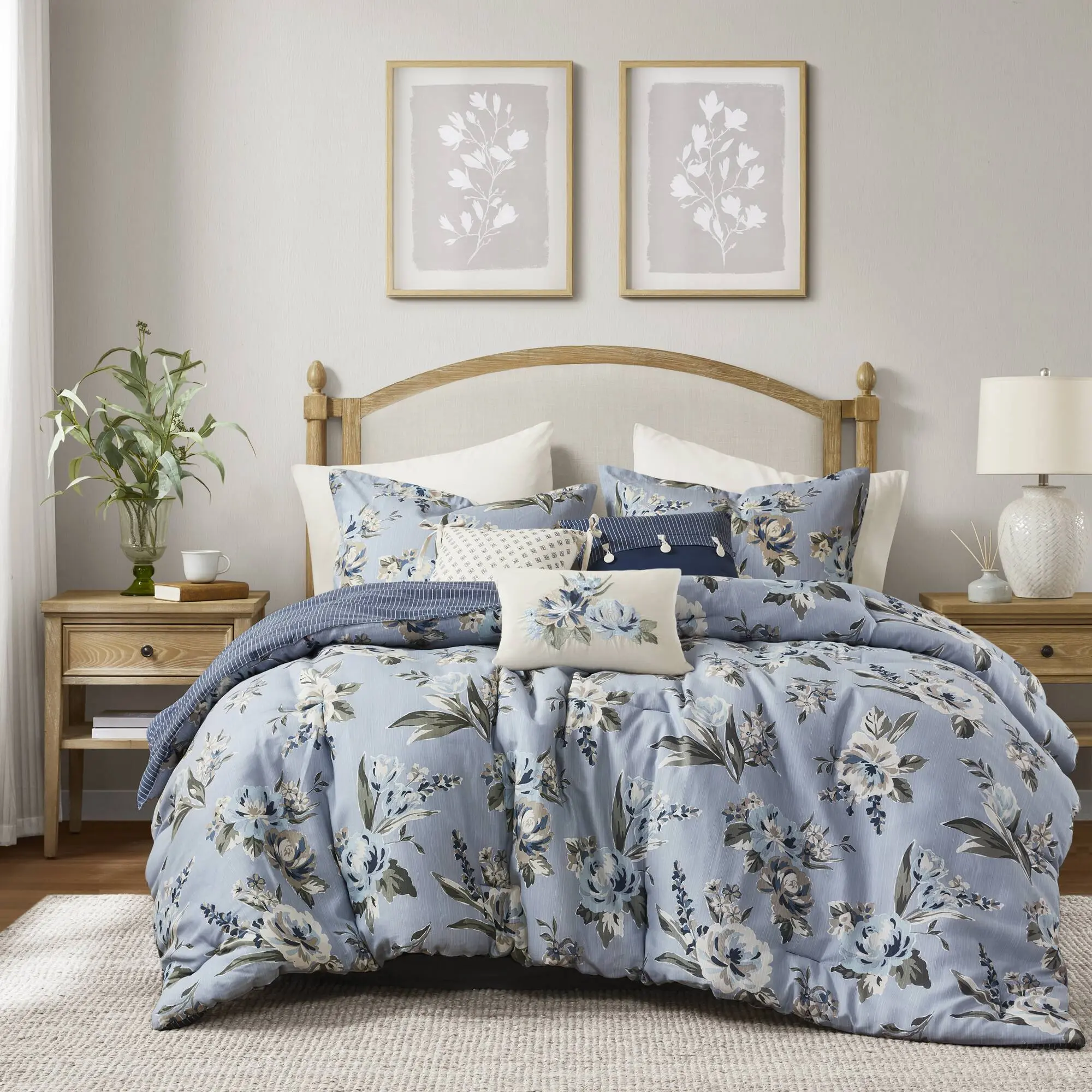 Nokaa 7-Piece California King Vintage Floral Cotton Slub Comforter Set - Reversible, All-Season Lightweight Bedding, Machine Washable, Blue