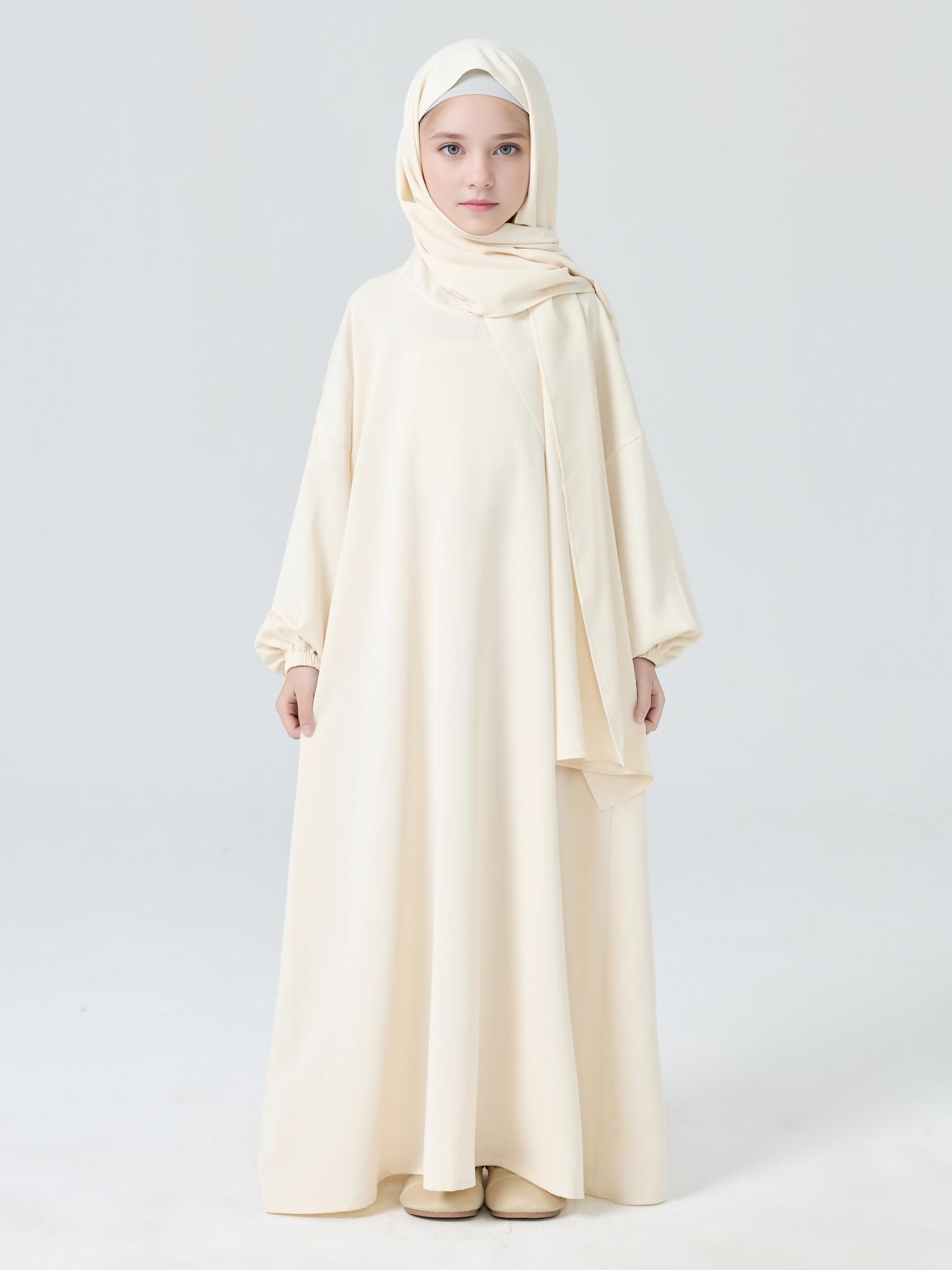 Girls' Plain Loose Fit Abaya Dress with Headscarf, Casual Long Robe for All Seasons, Middle Eastern Muslim Fashion