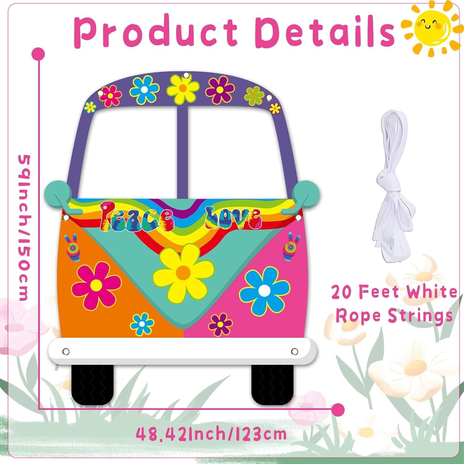 Large Hippie Bus Shaped Photo Prop 60s Party Decor 60's Retro Groovy Van Prop Fabric Hippie Selfie Frame Backdrop Background Banner Birthday Party Supplies Retro 60s 70s Party Favors 59 x 48.6Inch