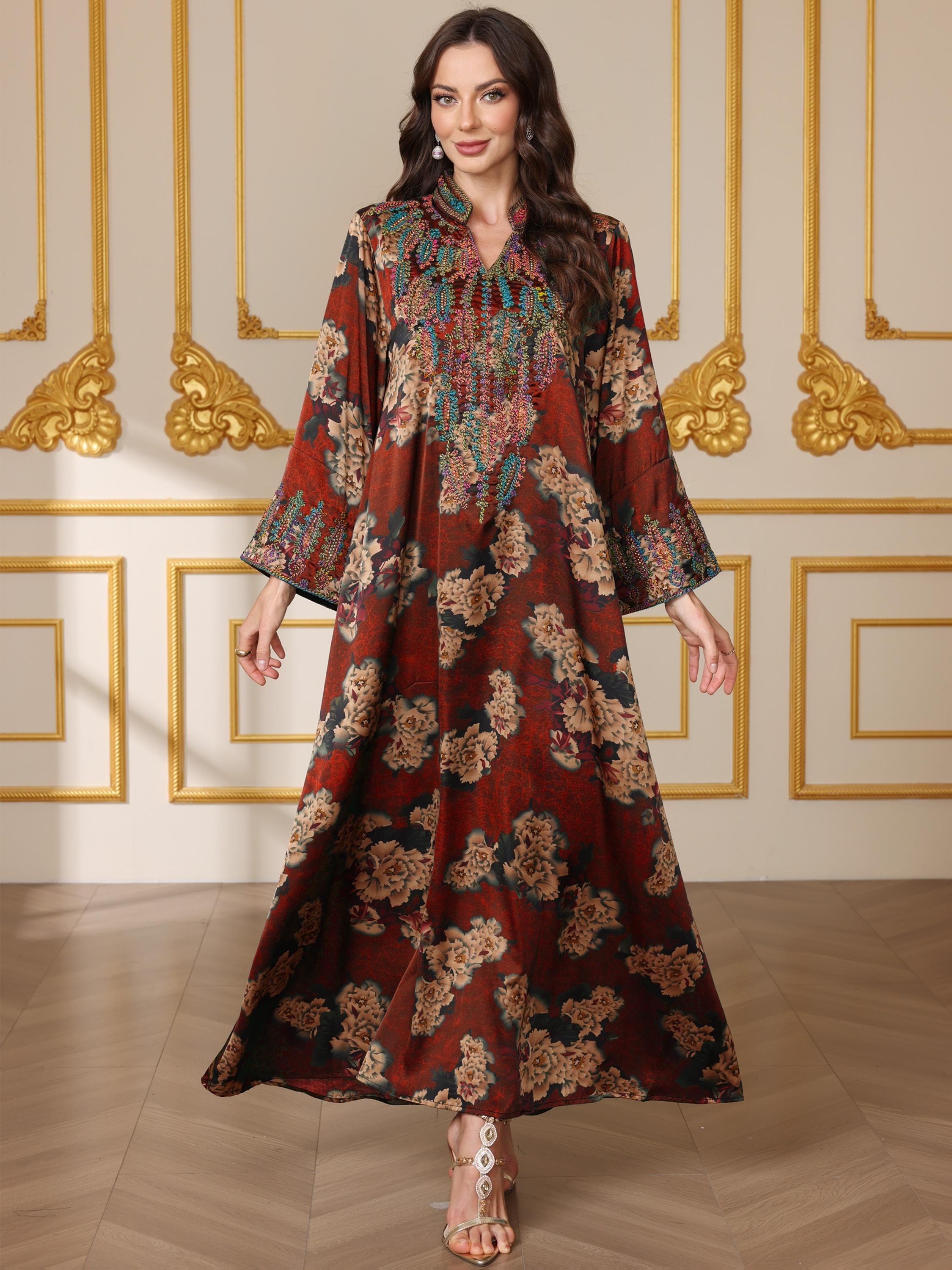 Middle Eastern Muslim Fashion Abaya, V-Neck Embroidered Ethnic Long Sleeve Islamic Embroidery Abaya Dress, Modest Style, All Seasons Fitted Glossy Fabric, 103375 Model
