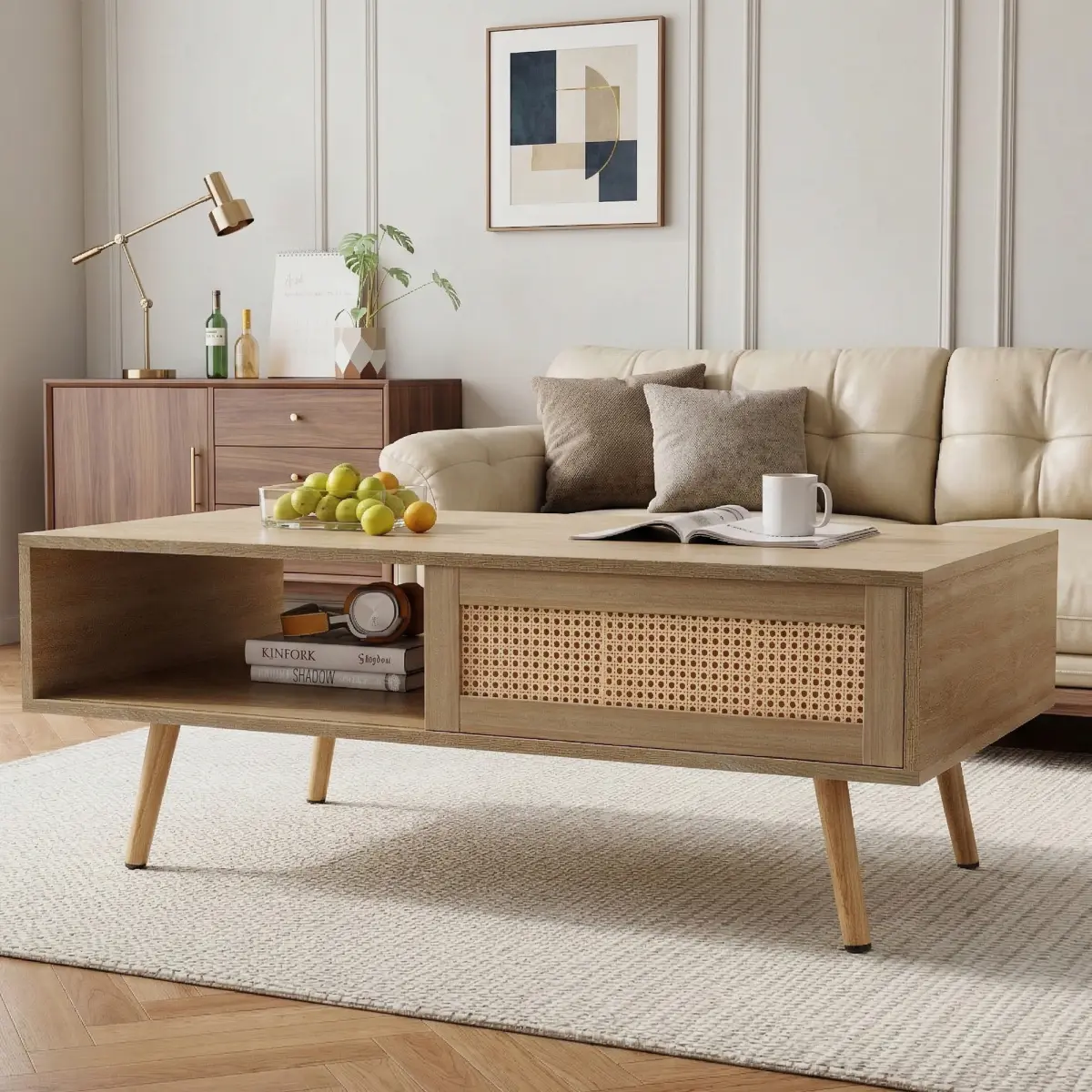 41.34" Rattan Weave Coffee Table with Sliding Door Storage, Solid Wood Legs, Adjustable Feet, Easy Setup, High Load Bearing, Modern Home Decor Indoor Living Room Table WL RR