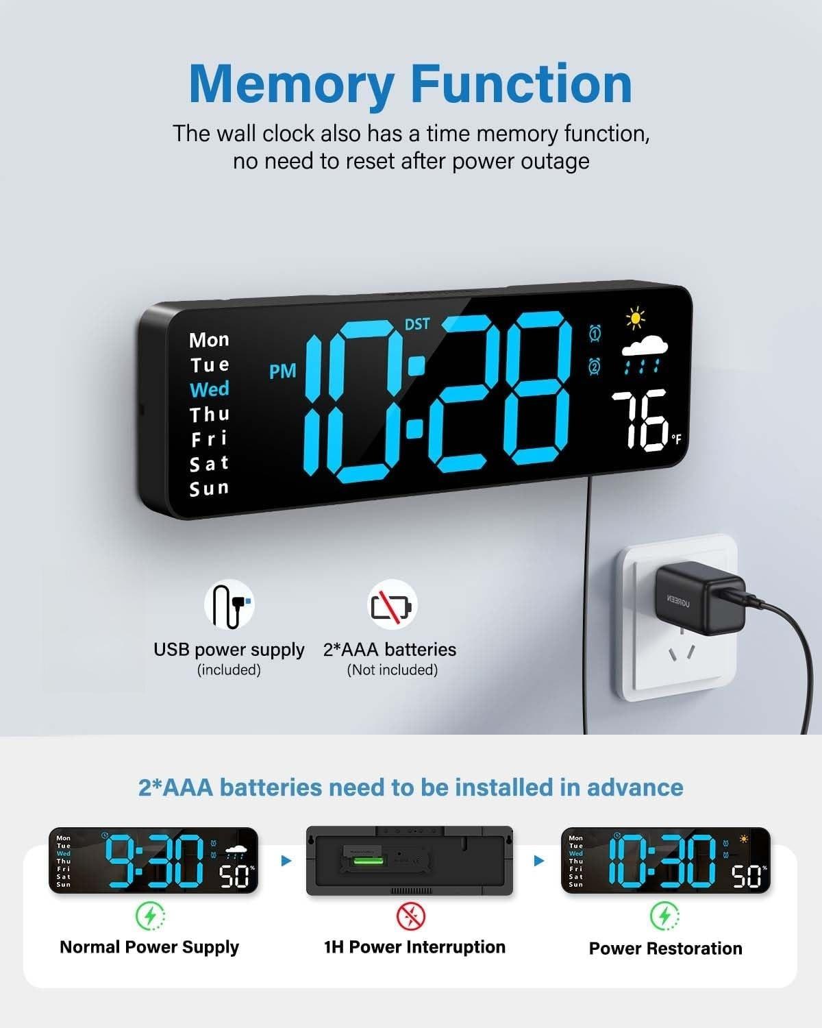 Digital Wall Clock, Digital Clock Large Display with Remote Control, Corded LED Alarm Clocks with Date, Week, Temp, Humidity, Auto DST, Countdown, Multifunctional Alarm Clock for Living Room Bedroom Classroom Office Home Goods Digital Clock Decor (Blue)