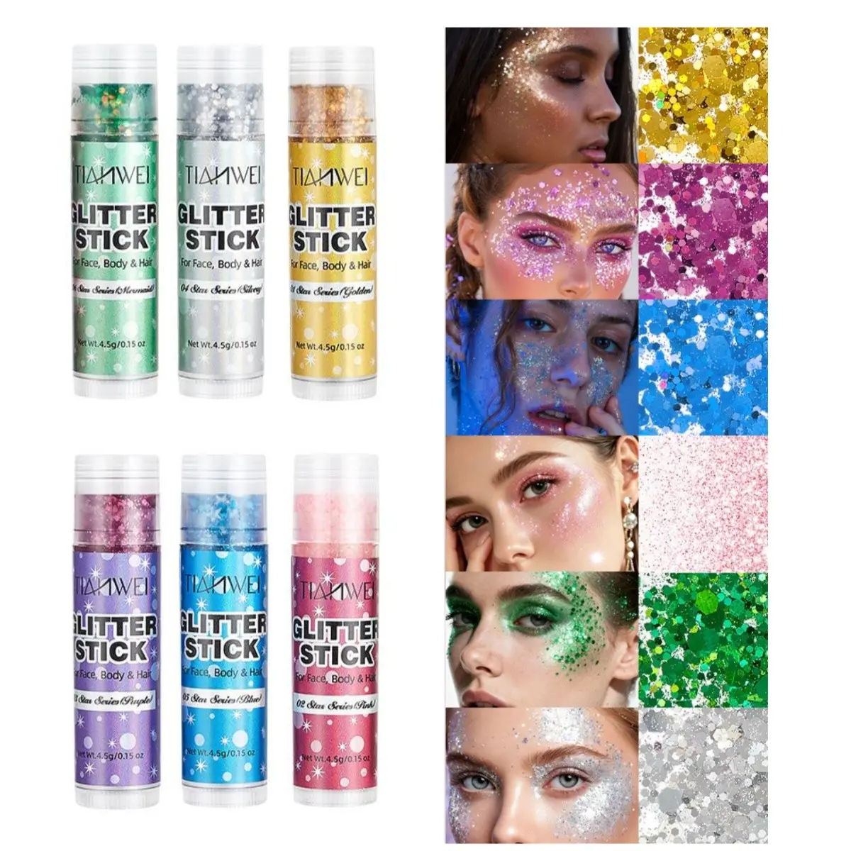 6Pcs Set Body Glitter Stick, Glitter Gel, 4th of July Glitter Stick,Glitter Stick for Hair and Body,Long-Lasting Shimmer Suitable Stage, Festival Rave Makeup Prom Cosmetic Daily Independence Day Party Festival & Fun Holiday Look, Glitter Stick For Face
