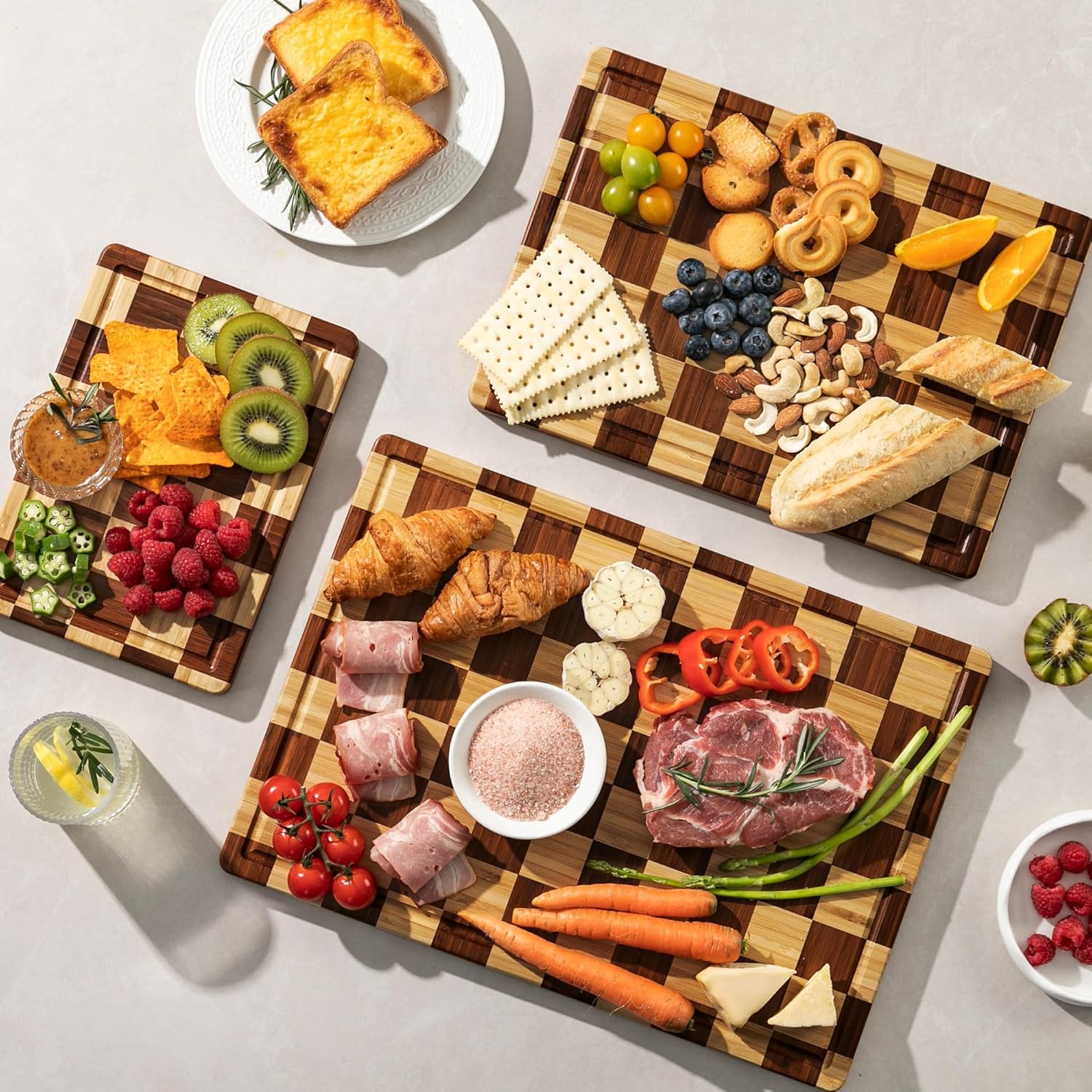 Board Set, Checkered   Boards for Kitchen with Juice , Non  Wooden Charcuterie Boards, Non Slip Chopping Board for Meat Fruit Cheese, Housewarming