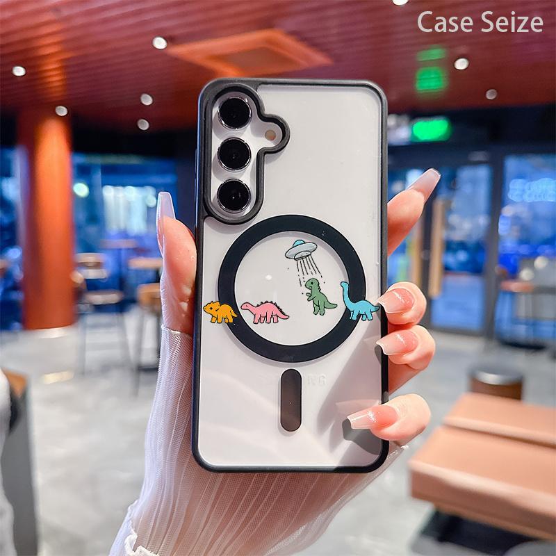 Magnetic Smartphone Case - Cute Dinosaurs & UFO Beam Funny Adventure Design, Black Border, Anti-Yellowing, Slim Lightweight Bare Feel, Luxury Premium Protection for Samsung Galaxy S22 S23Fe S24 S25 Plus Ultra Cellphone Handheld Devices