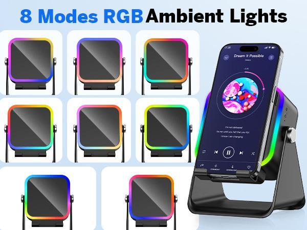 Wireless Induction Speaker With Colorful Ambient Light 360 Adjustable Phone Holder for iPhone Android Samsung Phone Speakers