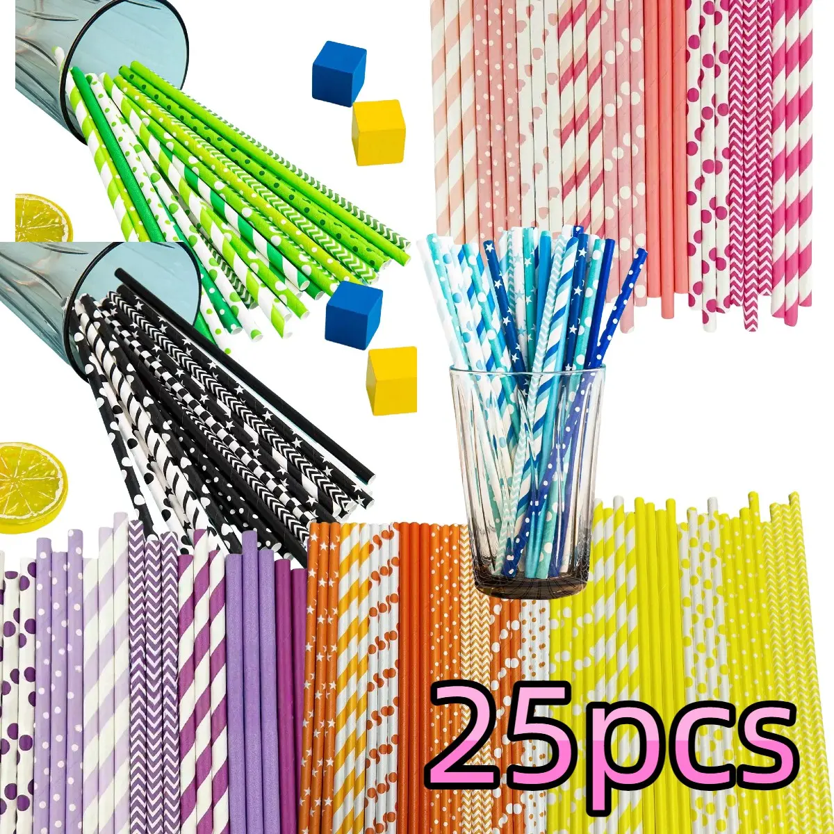 Eco-Friendly Biodegradable Paper Straws (25pcs), Drinking Straws, Mixed Colors & Patterns, Perfect for Birthdays, Weddings, Parties, Home Bar Accessories, With Straw