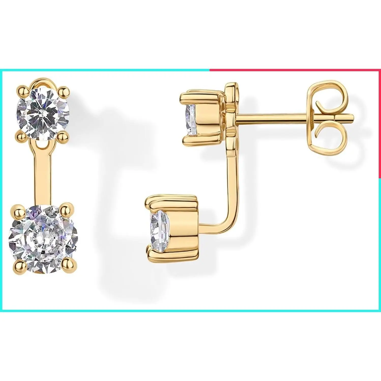 14K Gold Plated CZ Ear Jacket Earrings for Women, Front Back Stud Earrings, Hypoallergenic 925 Sterling Silver Posts, Dainty Cubic Zirconia Studs
