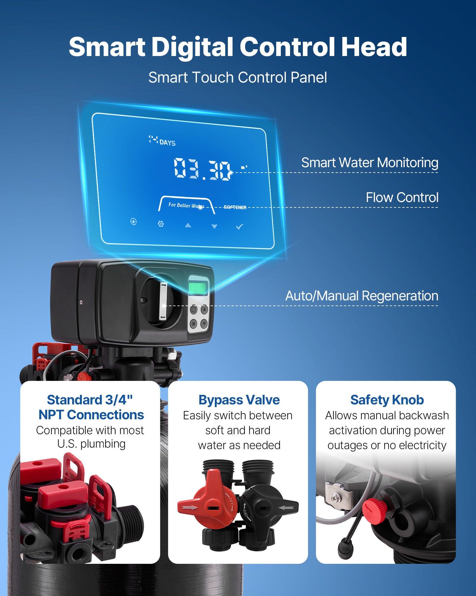 VEVOR Water Softener, 48, 000 Grains Whole House Water Softener System, with Automatic Digital Control Head, Bypass Valve, Reduce Hardness and Minerals, Improve Water Quality, for 3-4 Bathrooms