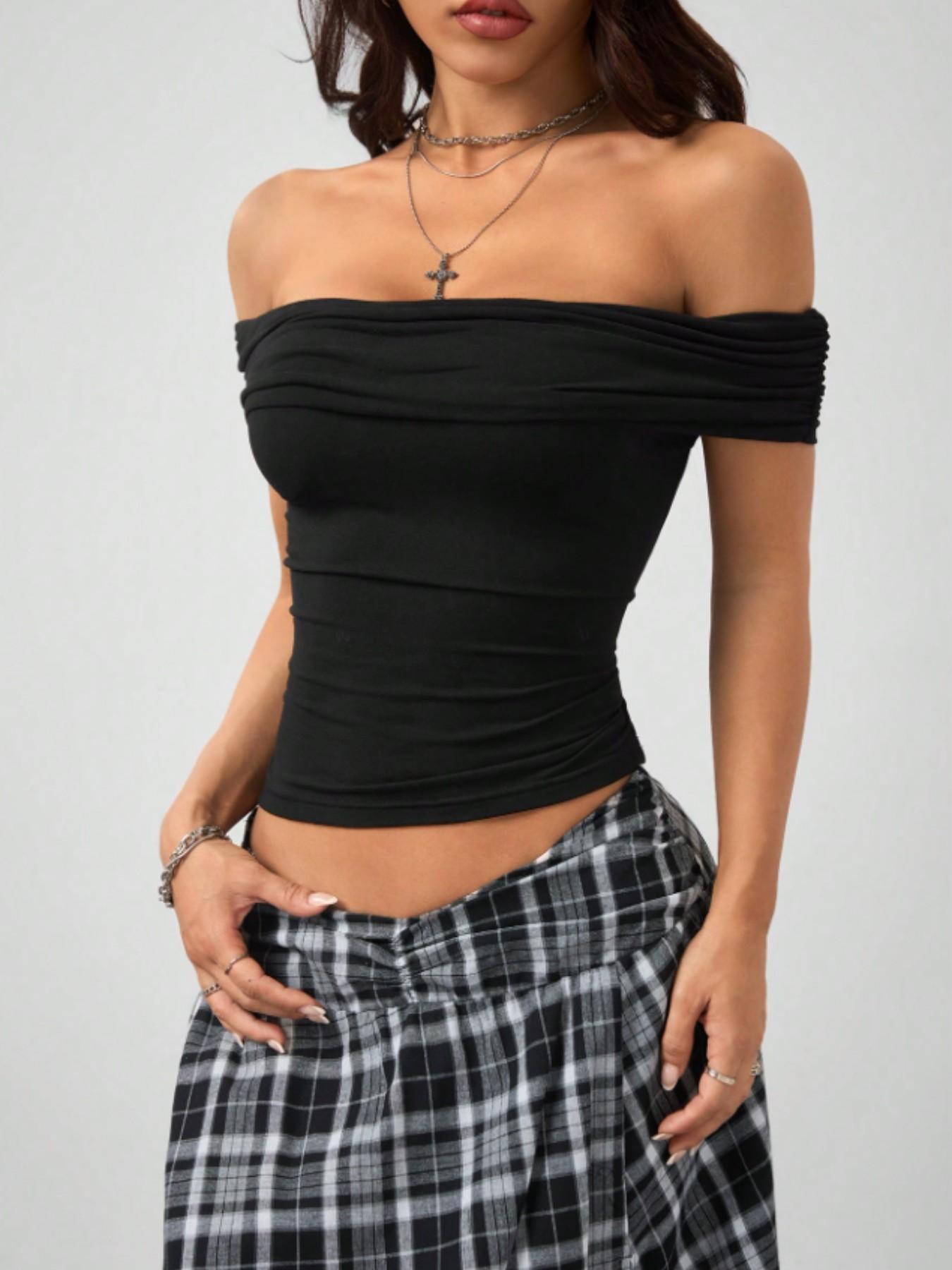 Women's One-Shoulder Ruched Short Top, Bodycon Barbie Neck T-Shirt, Y2K Retro Street Style, Summer Elastic Soft Fashion