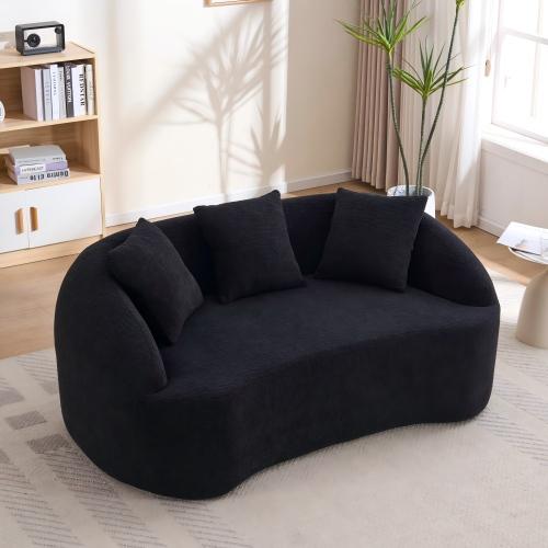 Curved Modern Boneless Sofa Loveseat, Backrest Upgrade, 2-Seater Off-White Chenille Compression Couch with 3 Pillows, Minimalist Modular Couches for Living Room, Office, Apartment, Guest Room