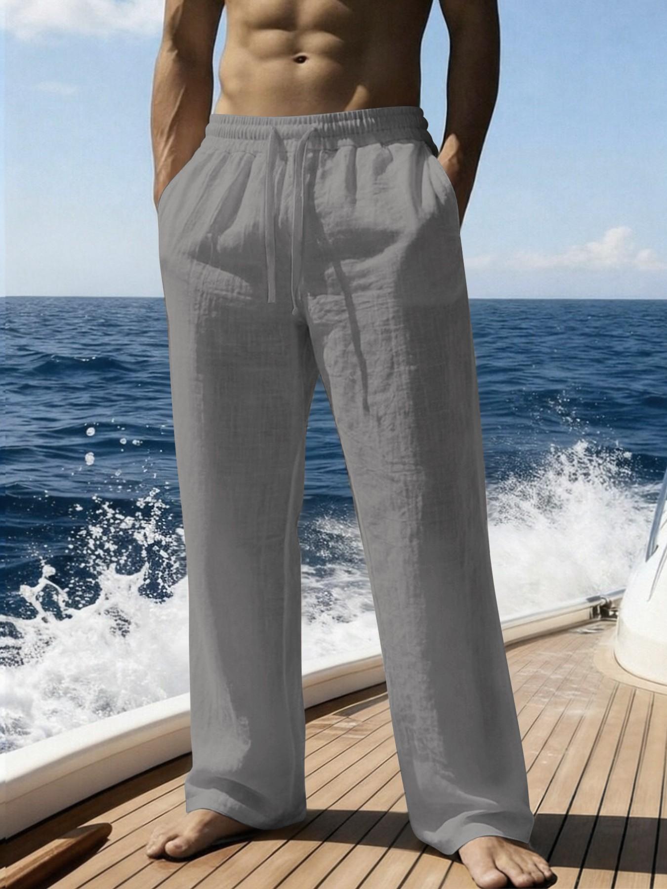 Men's Summer Straight Leg Linen Pants, Casual Sporty Island Vacation Style, Regular Fit Basic Design, Men's Clothing