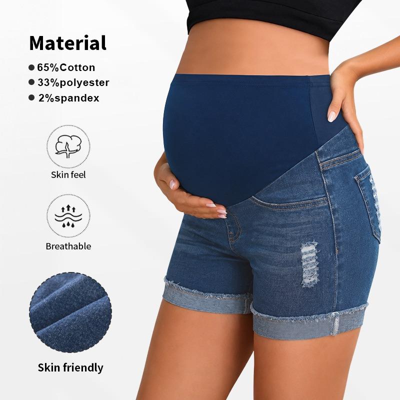 Women's 2-Pack Maternity Denim Shorts Set - Over Belly High Waist, Dark Blue Ripped & Non-Ripped, Soft Stretch Belly Support, Summer Casual Wear for All Trimesters  maternity fashion essentials summeressentials jumpsuit