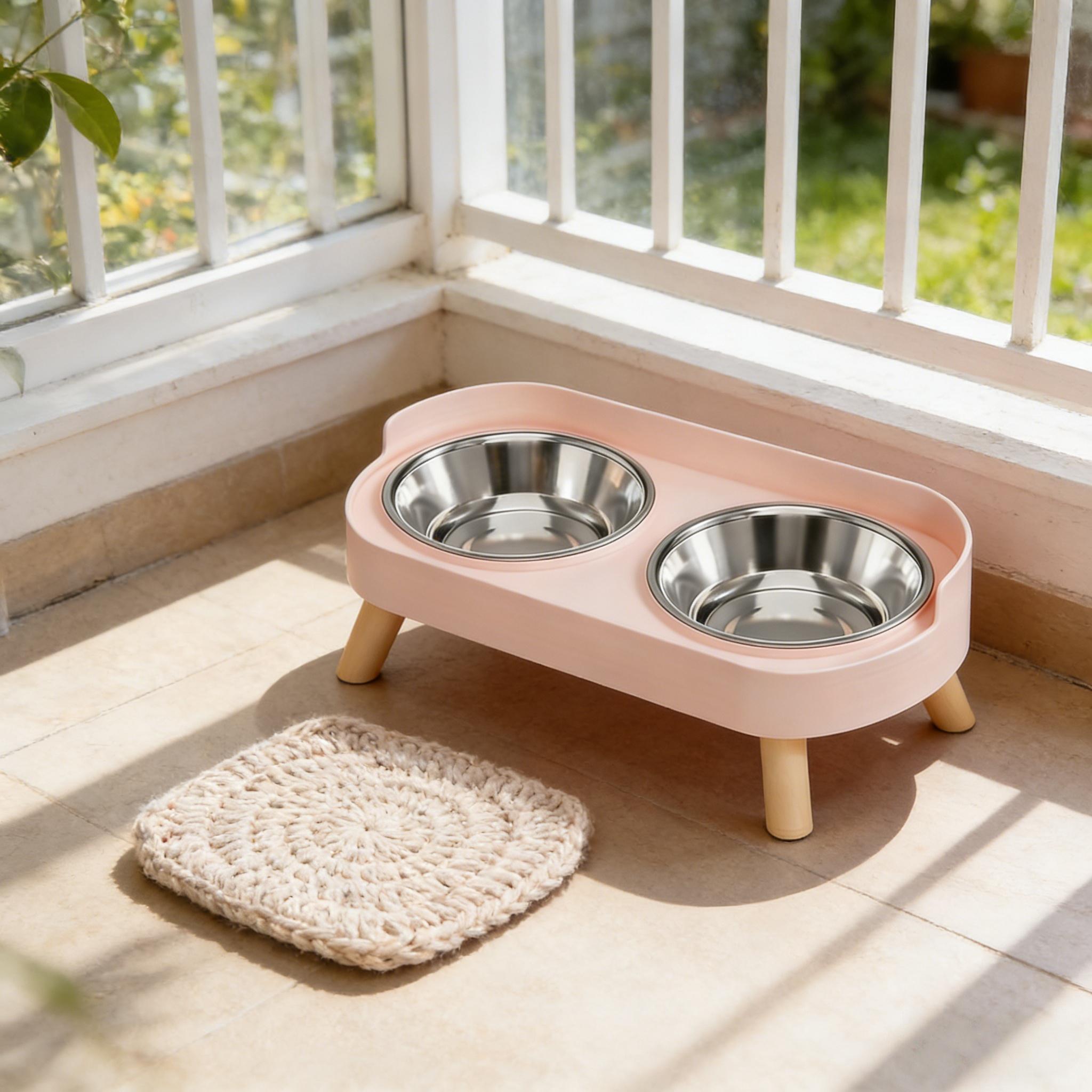 Pet Dual Bowl Food Dish, Scientific Neck Protection Design, Anti-Spill Wide Base, Stainless Steel, Water Bowl Included, Essential Pet Accessory