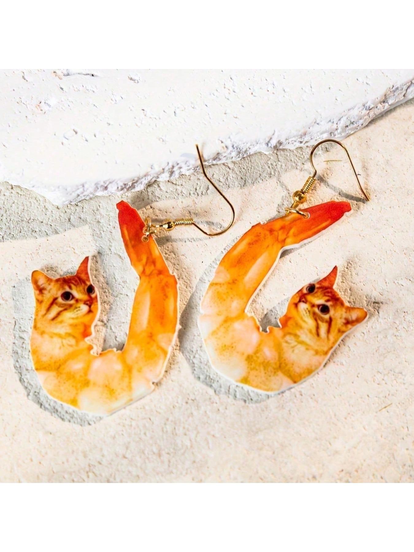 a pair of acrylic pendant earrings, cat shaped shrimp earrings - bright orange yellow pendant earrings, lightweight holiday women's jewelry, beach party and carnival gifts, tropical style earrings, vacation accessories