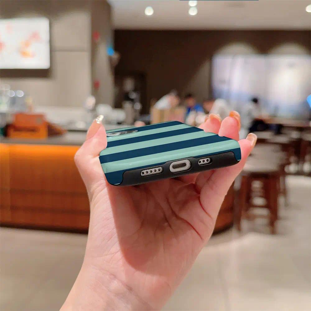Vintage Fantasy Teal-Navy Horizontal Stripe 2-in-1 Glossy Film Silicone Phone Case - Multi-Model Shockproof Anti-Scratch TPU Cover for iPhone 17 Air E,16,15,14,13,12,11 Pro Max Plus & Samsung Galaxy S24 Plus,S25,S22+ Ultra FE Edge with Enhanced Protection