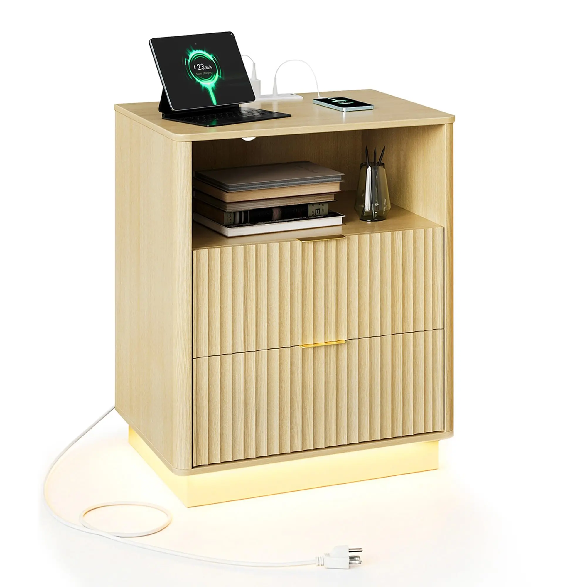 Fluted Nightstand with Charging Station, Wooden Night Stand with LED Light, Modern Mid Century Bedside End Table with 2 Drawers, 20" w x 15.7" d x 24" h, for Bedroom, Light Oak/Black/White