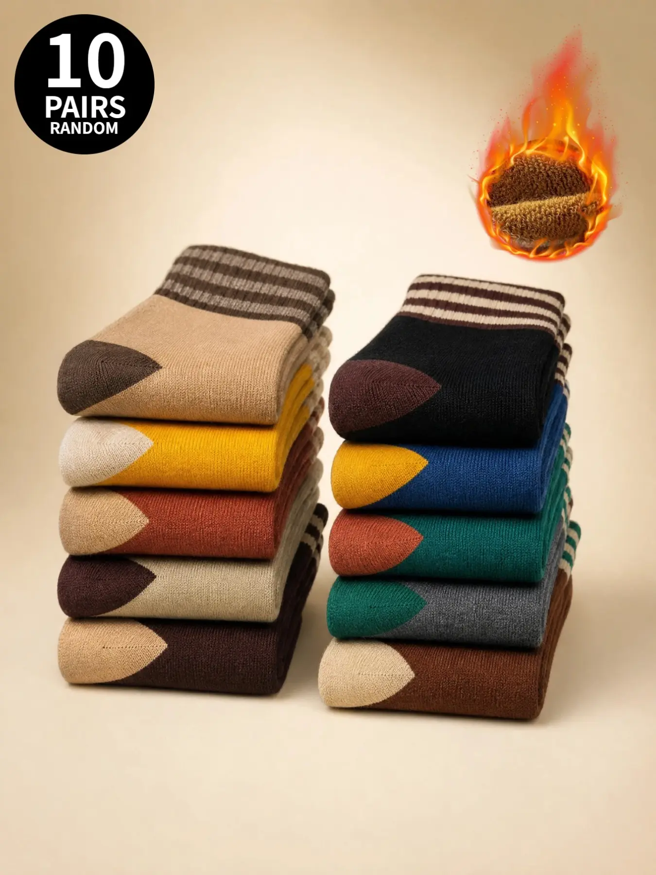 10-Pair Pack of Thickened Terry-Loop Warm Color-Blocked Mid-Calf Socks, Knee-High Socks, Casual Socks, Retro Multi-Color Patchwork—A Fall/Winter Must-Have, Versatile Socks for Home and Sports, Thermal Crew Socks, Colorblock Crew Socks