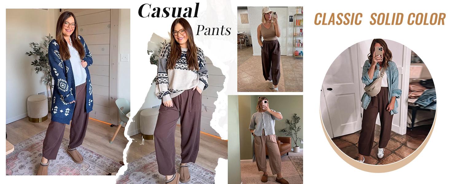 UANEO Women's Baggy Wideleg Pants Casual Elastic Waisted Palazzo Harem Pants with Pockets
