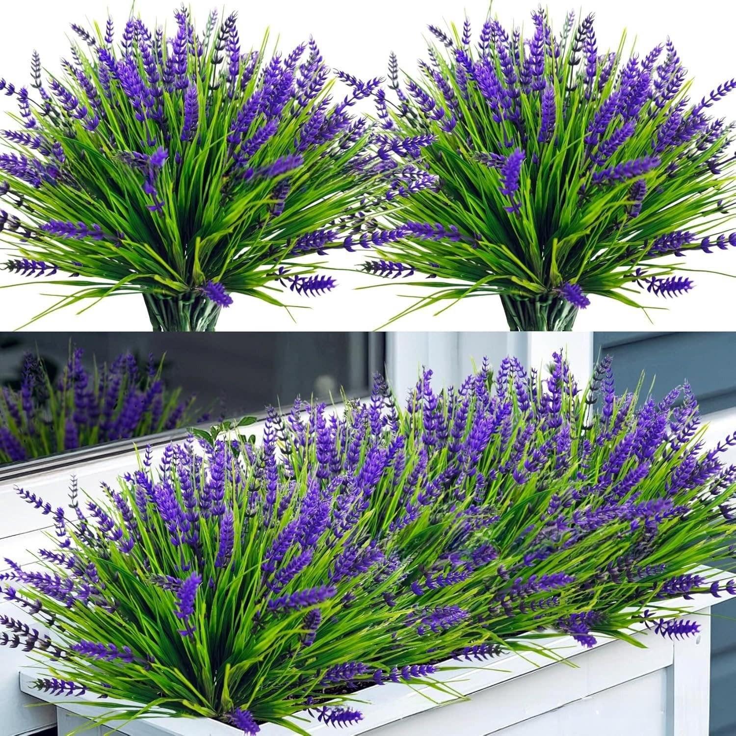 24 Bundles Artificial Lavender Flowers Outdoor UV Resistant Fake Lavender Plants, Faux Flower Decoration, Faux Plastic Greenery for Indoor Outdoor Home Porch Balcony Garden Decor
