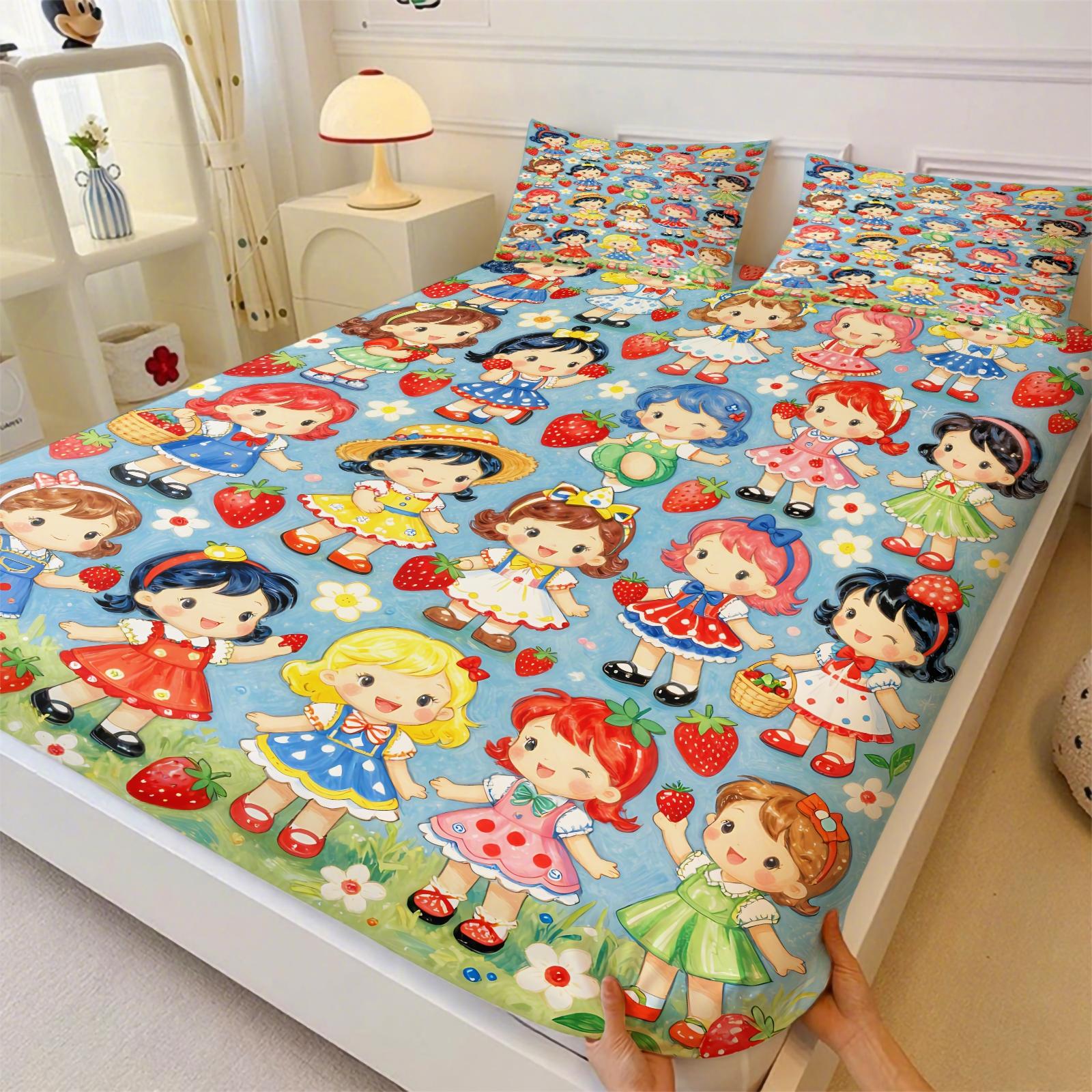 Strawberry Sweetheart Fitted Sheet Set and 2 Pillowcases No Core, Pink-White Checkered, Vintage Hand-Drawn Dessert Party Design, Soft Anti-Slip Bedding, Fairy Tale Girls Room, Kids Room Decor, Gift Choice