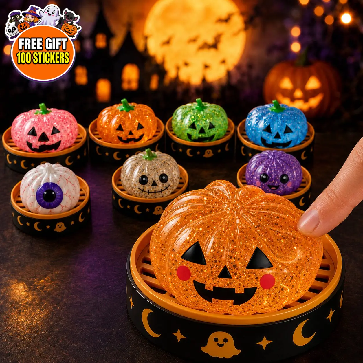 Halloween Dumpling Squishy Toys - Trick-or-Treat Glitter Slow-Rise Steamer Dumpling Squishies with Pumpkin, Gold Skull, Eyeball, Vampire Characters, Sensory Fidget Fun, Mini Box Gift Party Favors, Boo Basket Fillers, Halloween Dumplings Squishy