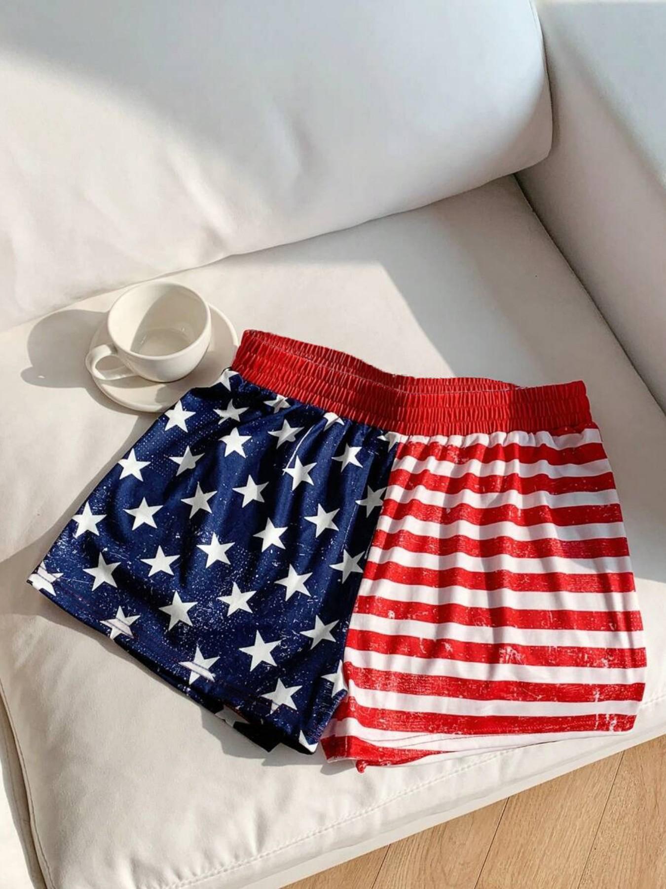 Millennial Streetwear Vintage Usa Flag Print Elastic Waist Loose Fit Shorts, Comfortable Breathable Fabric, Ideal for Summer Outdoor Wear