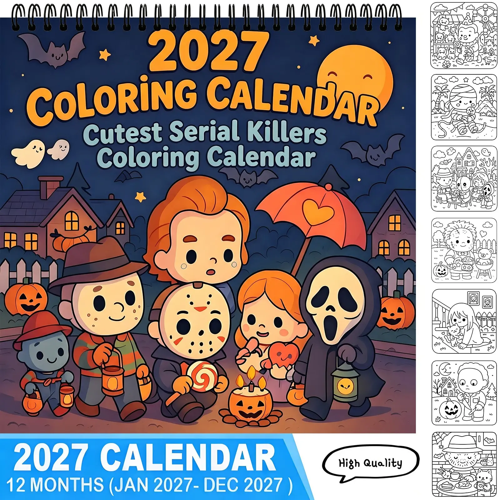 2027 Cutest Serial Killers Coloring Wall Calendar, 12‑Month Cute Spooky Horror‑Themed DIY Hand‑Coloring Calendar, Relax Therapeutic Coloring Pages, Creative DIY Craft Project, Unique Holiday Gift for Horror Art & Coloring Lovers,Coloring Page Calendar