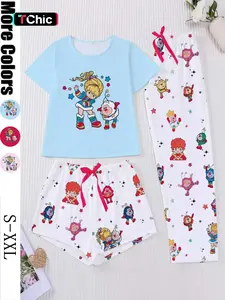 3-Piece Cartoon Print Women's Pajama Set, Short Sleeve Round Neck Top, Elastic Shorts and Pants, Elegant Daily Wear, Holiday Party