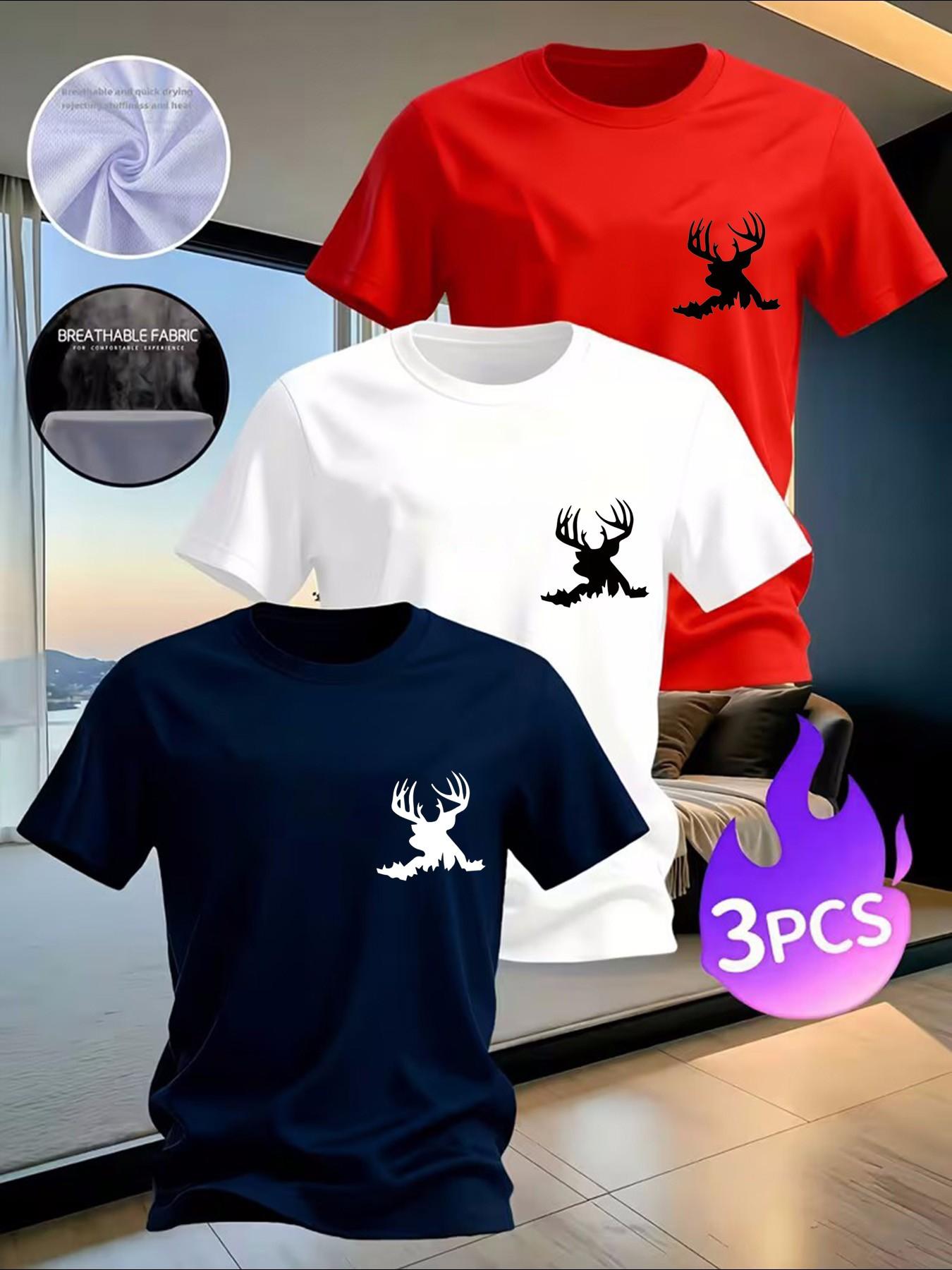 3-Pack Men's Wildlife T-Shirts, Deer Antler Graphic Tees, Breathable Casual Tops for Hunting Enthusiasts，Available in multiple colors