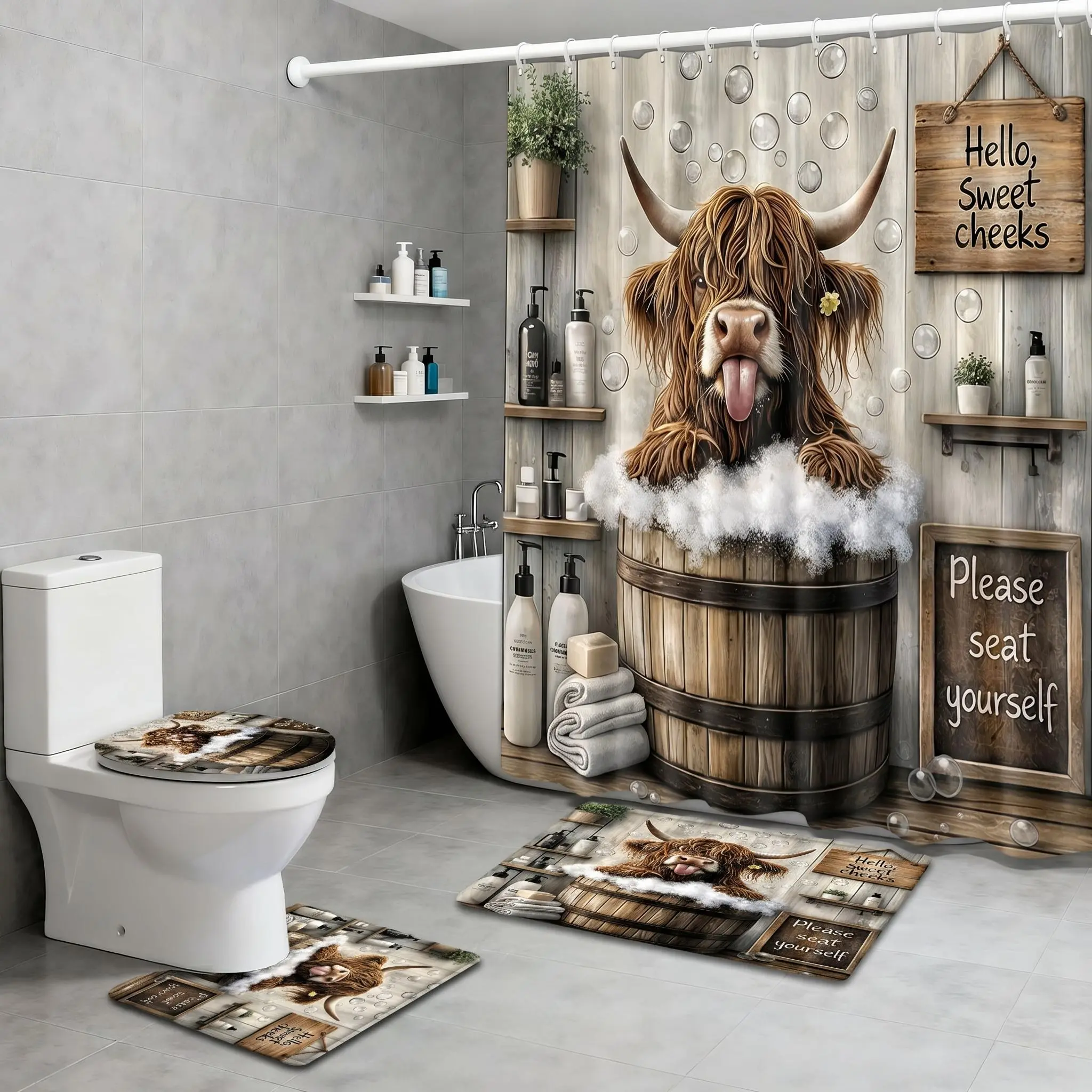 4pcs Funny Highland Cow Calf Print Bath Curtains Shower Set - Non-Slip Bath Mat, U-Shaped Toilet Mat, Toilet Seat Cover, 12 Hooks - Water-Draining Wall Mount Bathroom Partition Home Decor (Animals Themed)