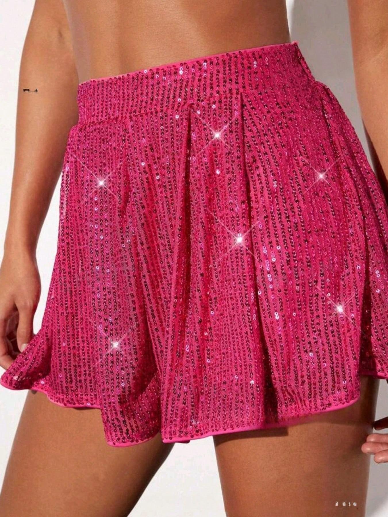 New Women's Sparkly Sequin Shorts, High Waist Fake Two-Piece Skirt-Like Wide Leg Design with Full Sequin Mesh, Ideal for Daily Leisure, Street Shots, Parties, Check-in Outfits, Gatherings and Outdoor Outings