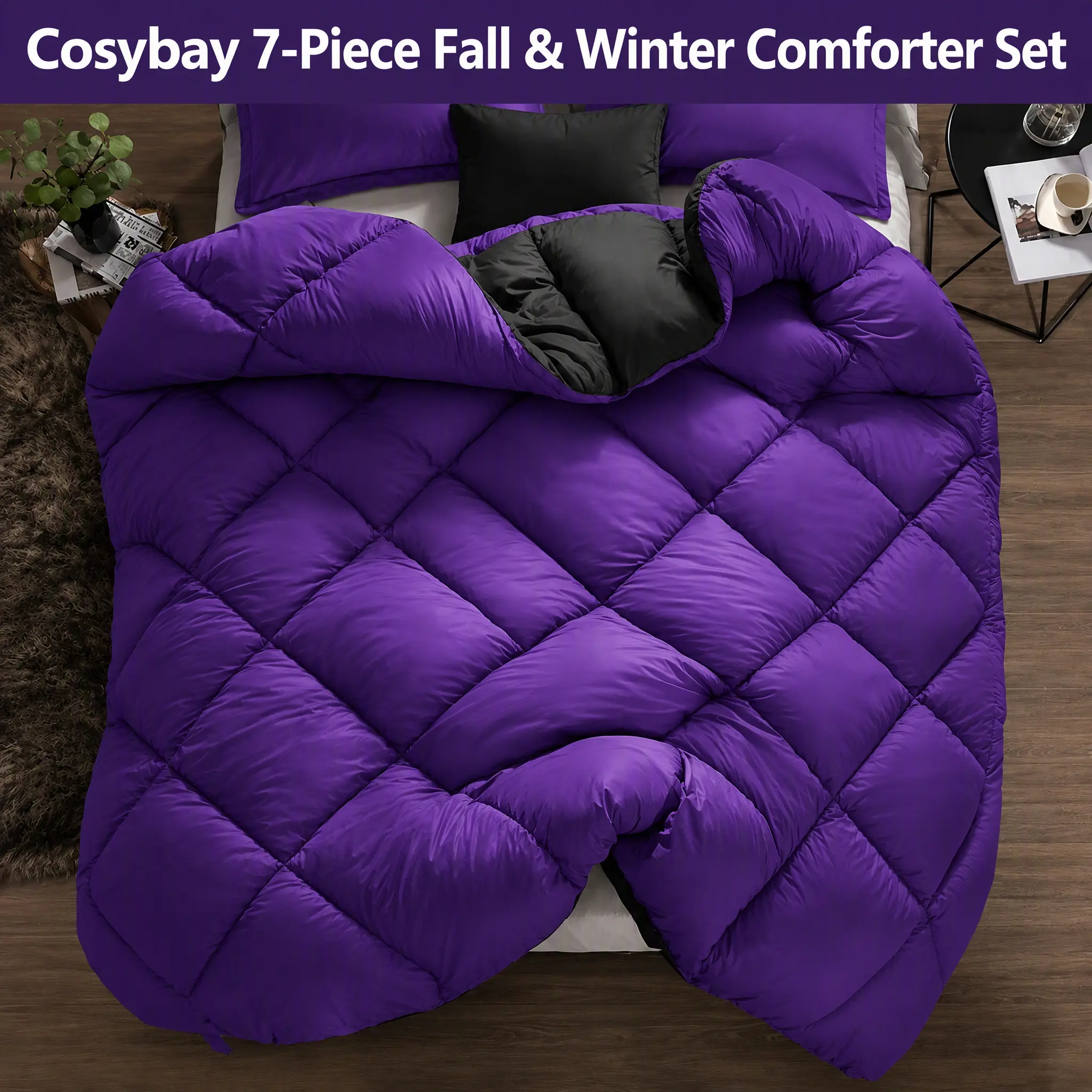 Cosybay King Size Bed Comforter Set Full/Queen/King Size - 7-Piece Purple & Black Bedding Set with Down Alternative Comforter, Flat Sheet, Fitted Sheet, Pillowcases & Pillow Shams, All-Season Machine-Washable Autumn Christmas Winter Bedding,Multicolored