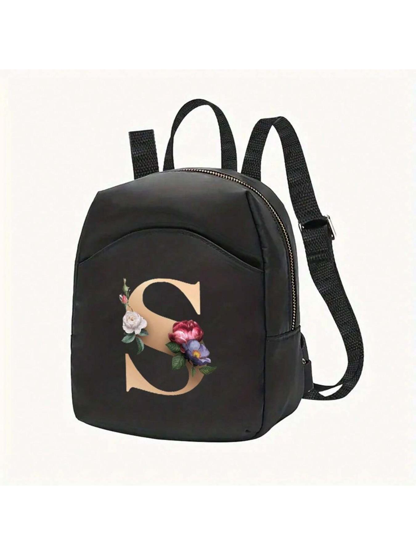 Fashion Floral Letter Backpack, Perfect for Casual Travel and School, Small Floral Letter Print, Convenient Zipper, Daily Use, Shopping and Groceries