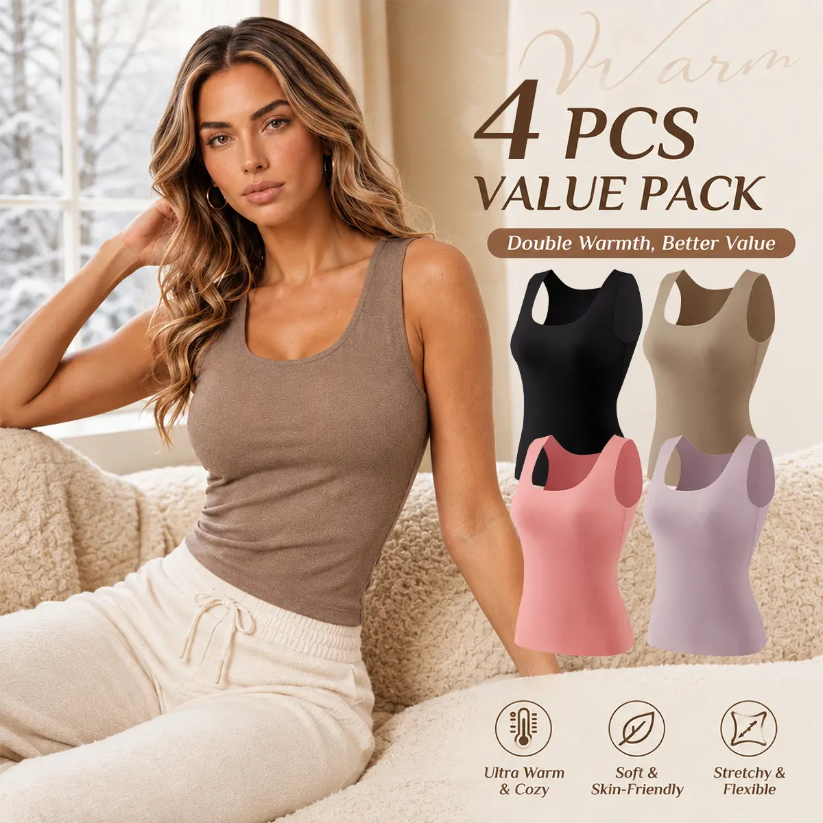 QUASTI 4 Pack Women's Thermal Tank Tops, Lightweight Warm Sleeveless Base Layer Camisole Tops, Soft Stretchy Winter Undershirts, Slim Fit Layering Tops for Cold Weather, Everyday Basic Warm Clothing