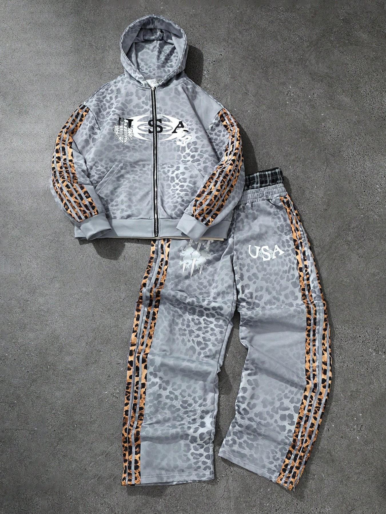 Men's and women's, Fitted styles of street hip-hop casual wear, Leopard print "USA" pattern sportswear set, Tracksuit Sweat Suits, suitable for spring and autumn campus life, outdoor activities, street photography