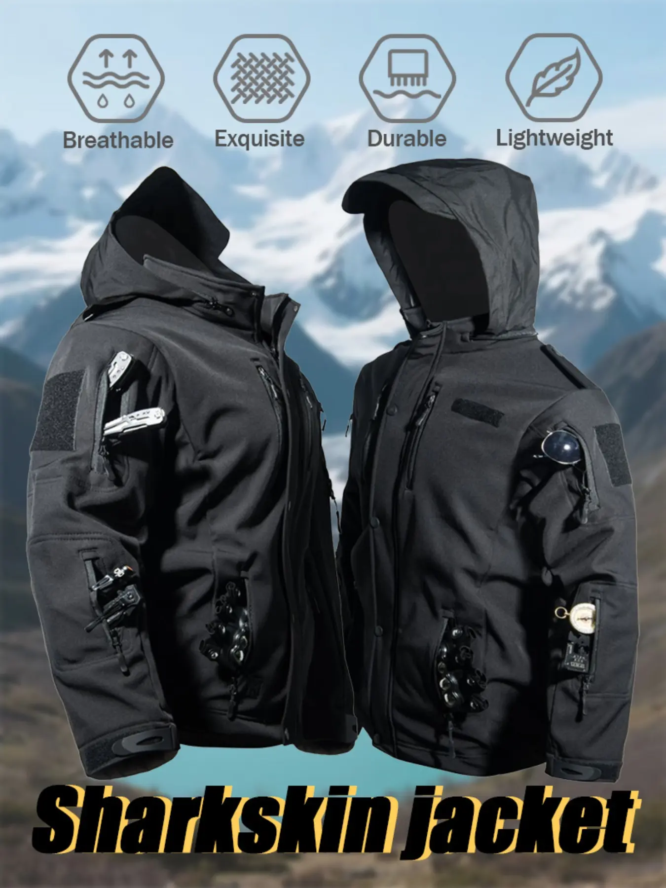 Men's Fall/Winter Outdoor Multi-Pocket Tactical Hooded Jacket Shark Skin Stand-Up Collar Waterproof Jacket Sport Outerwear, Outdoor Outerwears Fleece-Lined Multi-Functional Ideal for Work, Rock Climbing, Hiking, Mountaineering, Camping Casual Sportswear