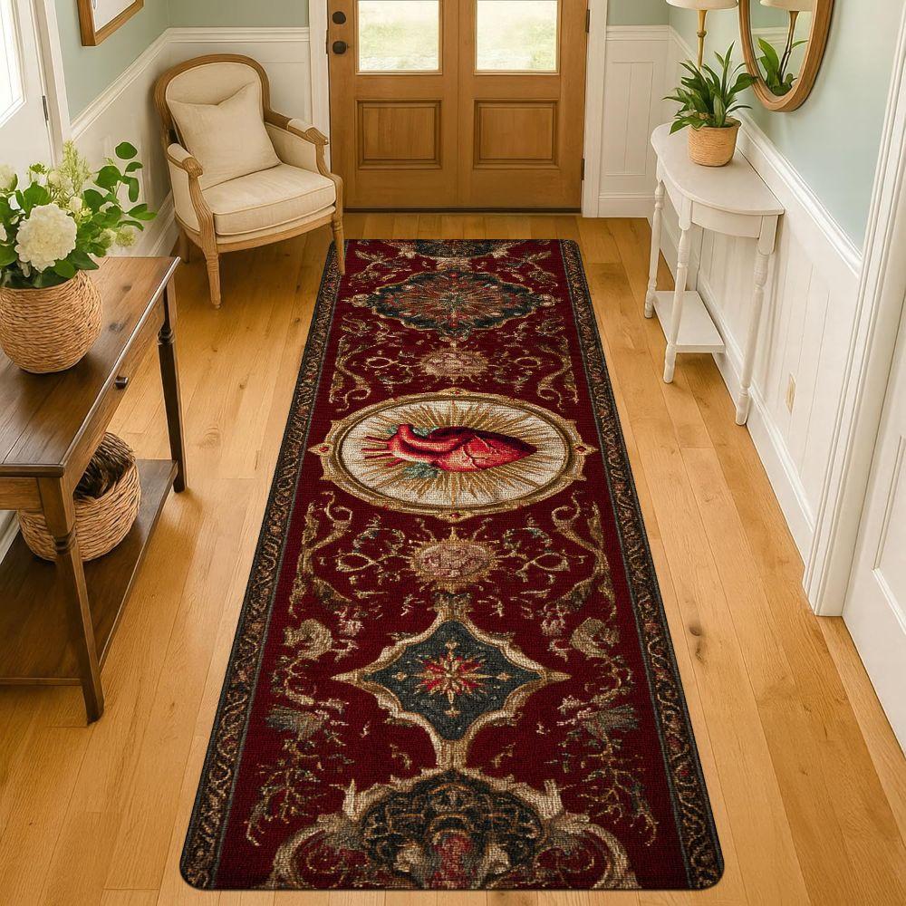 1PC， Wine - red Carpet with Heart Pattern strip rugs, home décor, bathroom mats, entryway mats, bathroom non-slip mats, indoor entrance rugs, bedroom bedside mats, kitchen mats, hallway rugs, flannel sponge rugs, hallway runner rugs