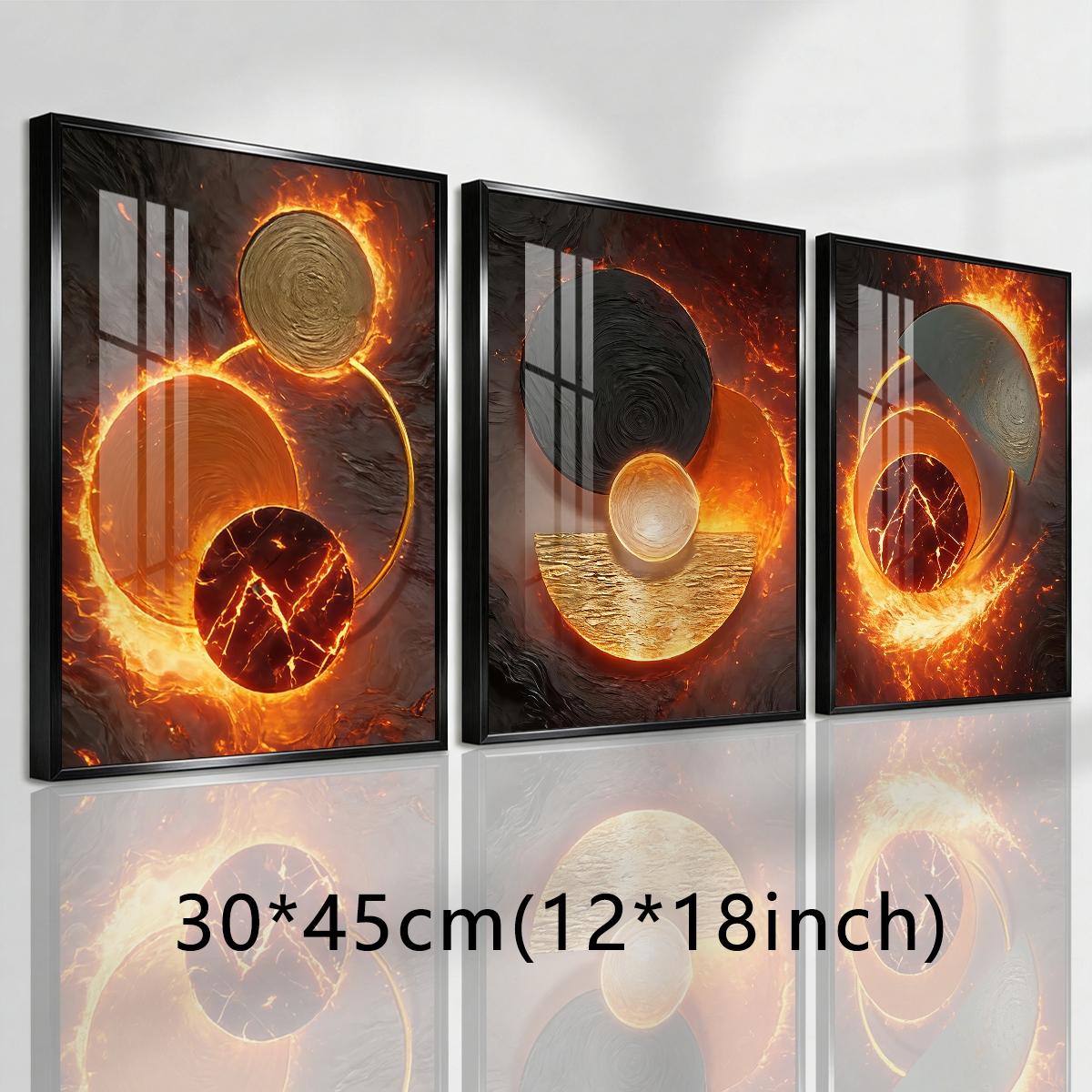 3 Counts Aluminum Alloy Framed Painting, Abstract Fire And Lava Geometry Pictures, Home Decoration For Living Room, Bedroom, Office, Restaurant, Hallway Wall Decor, Odorless Print Artwork, Luxury Perfect Gift For Friends And Family
