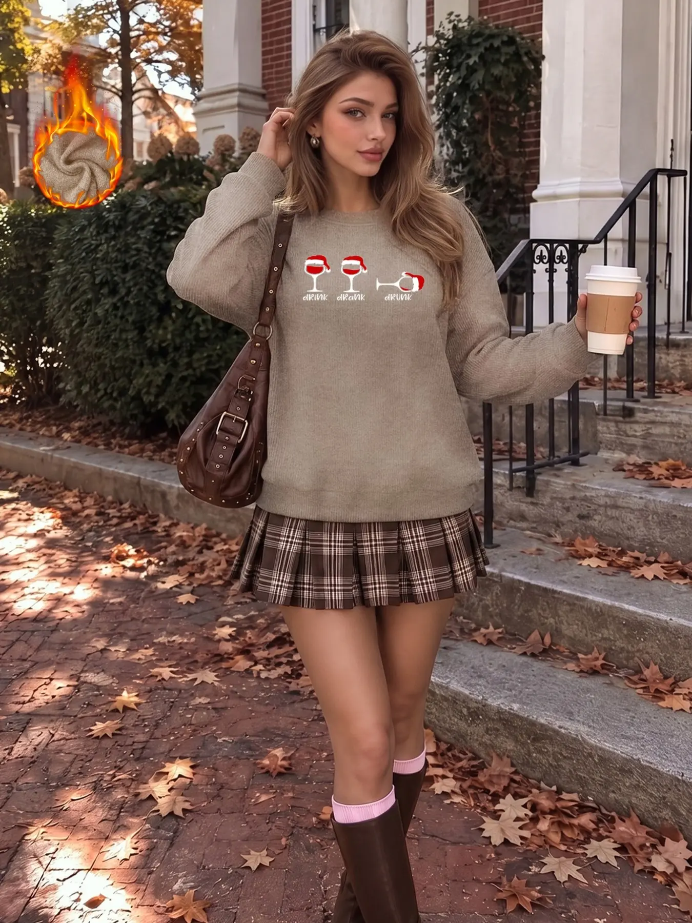 Christmas Fun Mug Print Women's Casual Long Sleeve Top, Winter Warm Faux Fur Pullover, Halloween Pattern, Loose Fit, Plain Surface