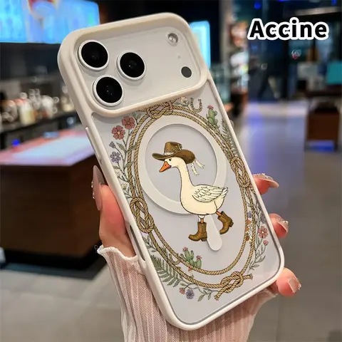 Magnetic Lanyard Transparent Protector Case for iPhone 18,17 Pro Max,16 Plus,15,14,13,12,11,Air E - Cowboy Goose Charm Pattern, Acrylic+TPU, Shockproof, Oil-Resist Matte, All Coverage, Snap-On Stability, Wireless Charge Ok, Handheld Casing (Gift Option)